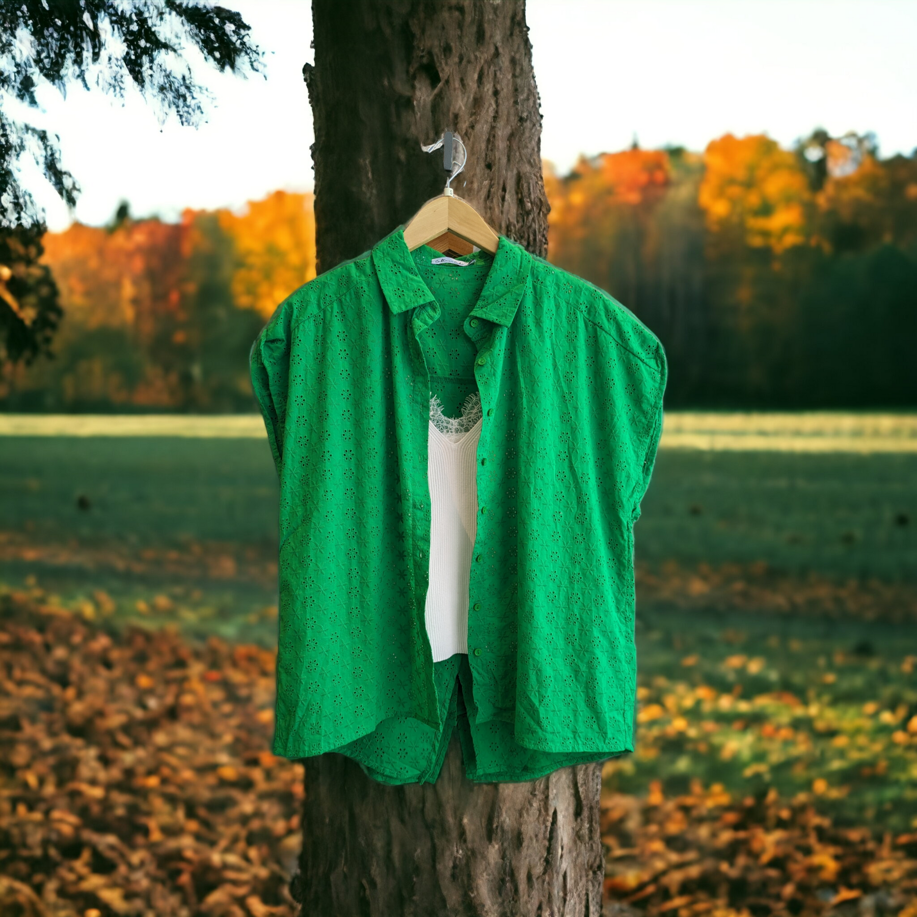 a green shirt layered over a white tank hangs from a tree in a fall scene. why? because we like it lol